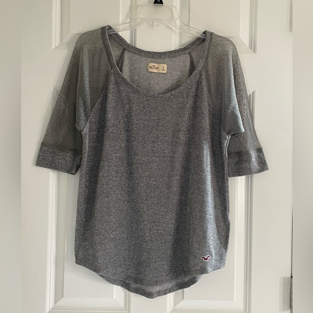 Vintage Hollister Y2K Top Large Sheer Mesh Short Sleeves Gray Cotton Stretch
